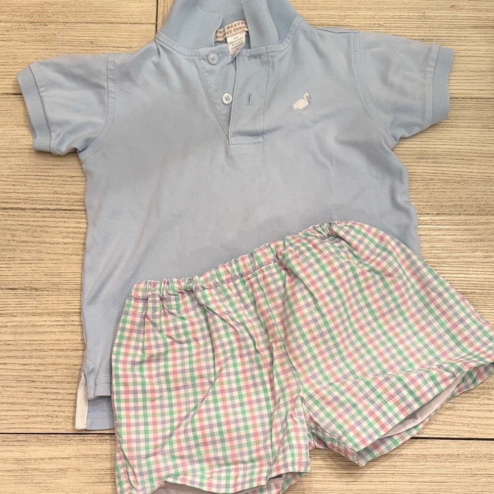 The Beaufort Bonnet Company Light Blue Polo and Pastel Plaid Shorts Set